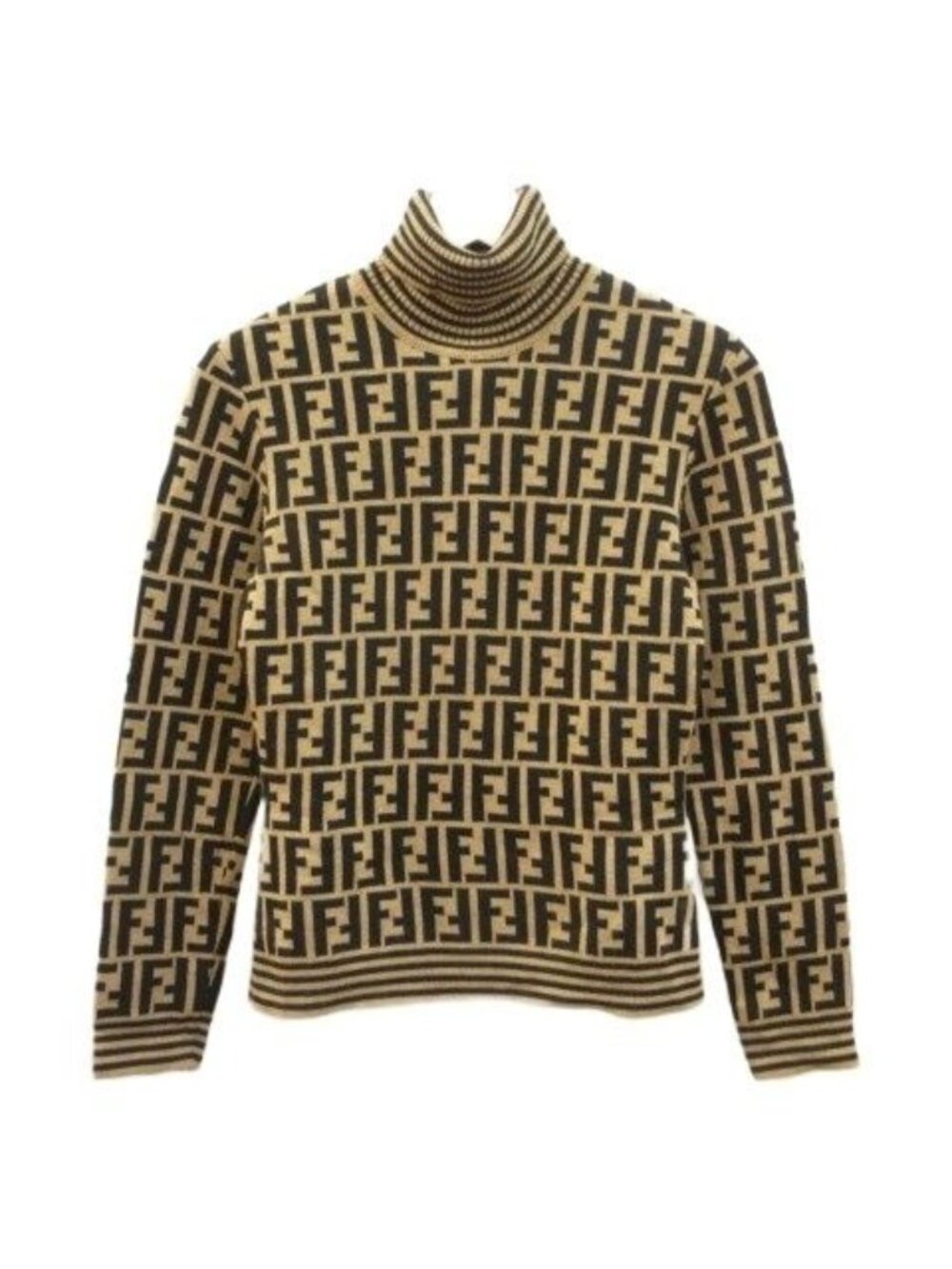 Fendi Zucca Jacquard High Neck Knit Wool Beige Long Sleeve Sweater 34